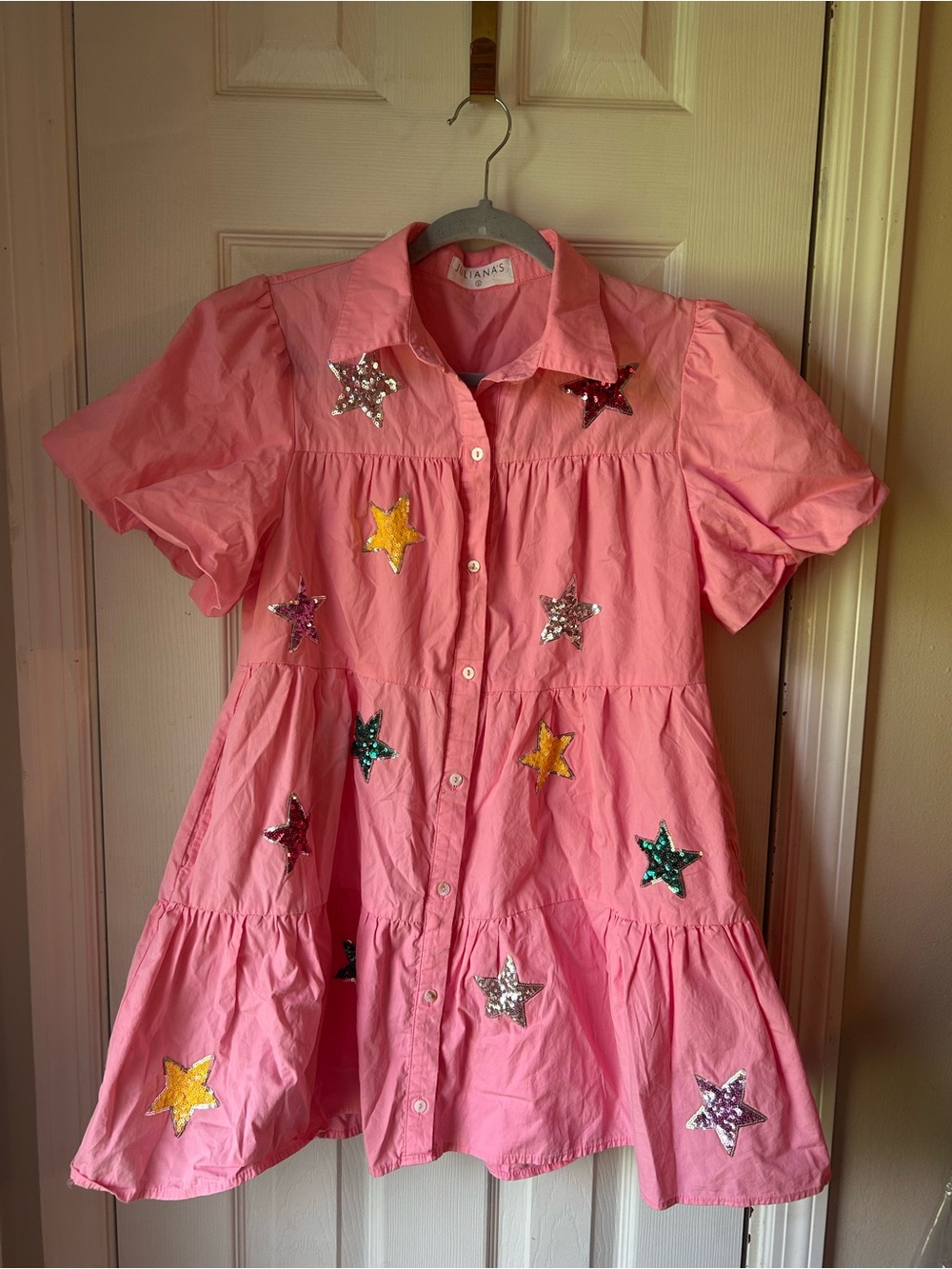 Pink Star Appliqué Tiered Mini Dress